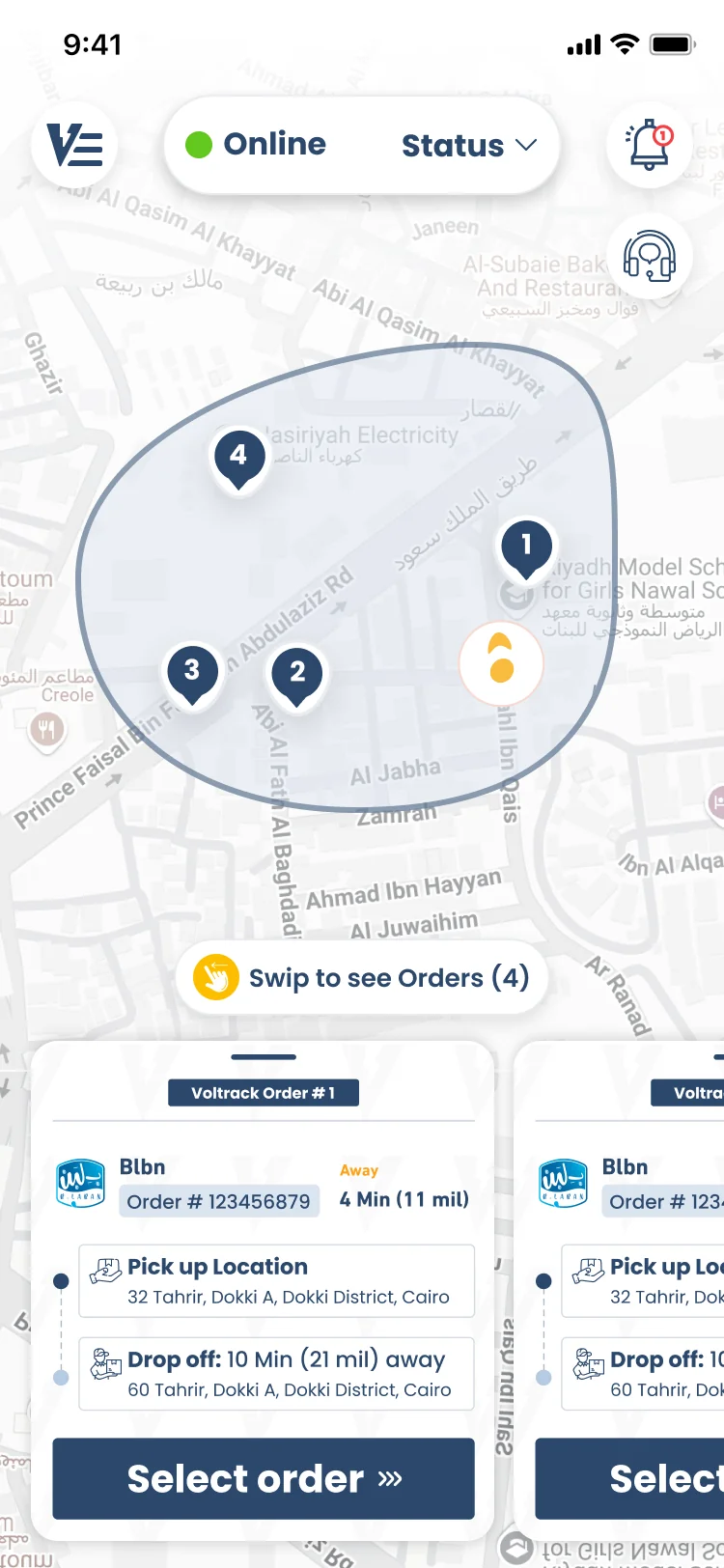 Voltrack driver app — active orders with pickup and drop-off